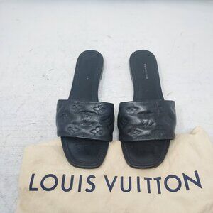 Louis Vuitton Black Monogram Embossed Leather Revival Flat Slide Sandal